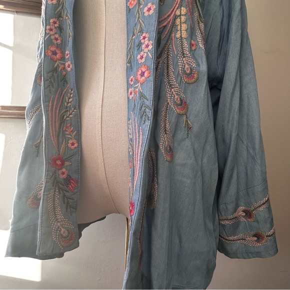 Johnny Was Workshop Embroidered Kimono Coat Medium Light Blue Pink Green - Picture 7 of 16